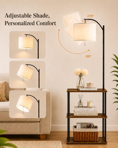 Rustic Brown Floor Lamp with Table and Shelves - 3 CCT 9W LED Bulb
