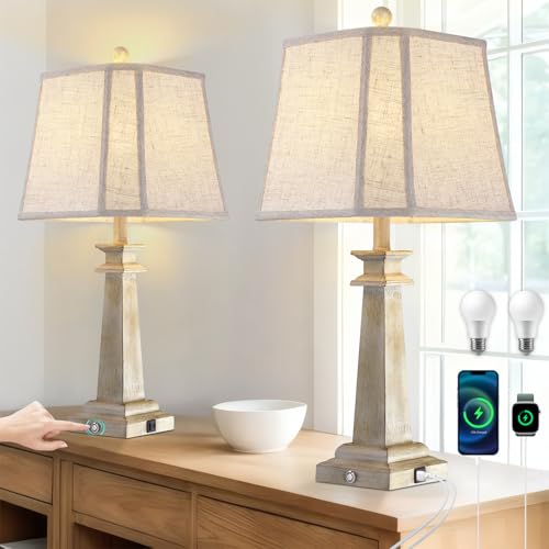 Antique White Farmhouse Table Lamps Set of 2 - 27.5" Dimmable Touch Lamps with USB Charging Ports