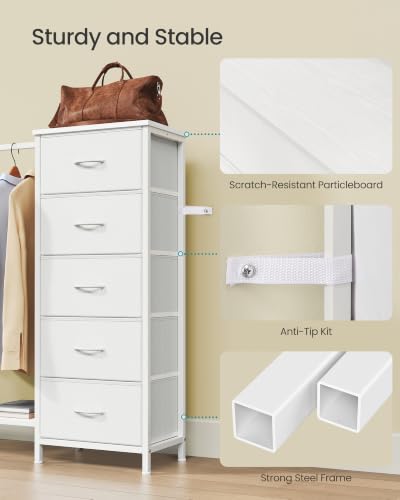 SONGMICS Cloud White Dresser with Hanging Rod & 5 Fabric Drawers, Adjustable Storage