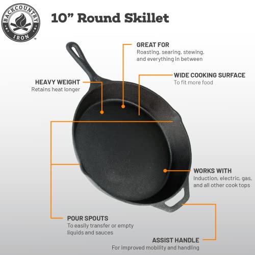 Backcountry Iron 12 Inch Pre-Seasoned Cast Iron Skillet - Large Round Cooking Pan