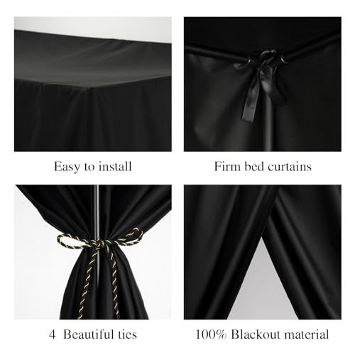 King Black Canopy Bed Curtain 4 Corner Post Bed Drapes - Lightproof & Breathable