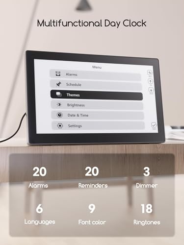 Raynic 10.1 Inch Digital Calendar Clock with 12 Themes, 20 Alarms, Auto Dimming - Black