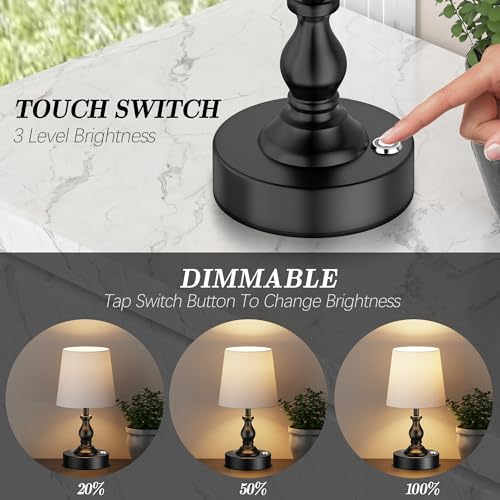 Mini Cordless LED Table Lamp - Rechargeable Battery, 3-Level Touch Dimmable, Bedside Night Light, Matte Black