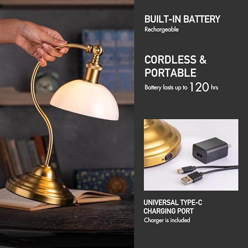 O'Bright Cordless LED Table Lamp Antique Brass-White Glass, Rechargeable, 3-Level Dimming