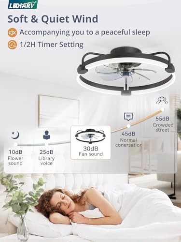 20-Inch Ceiling Fan with Lights and Remote Control - Black, Low Profile, Dimmable LED Light, Reversible Motor
