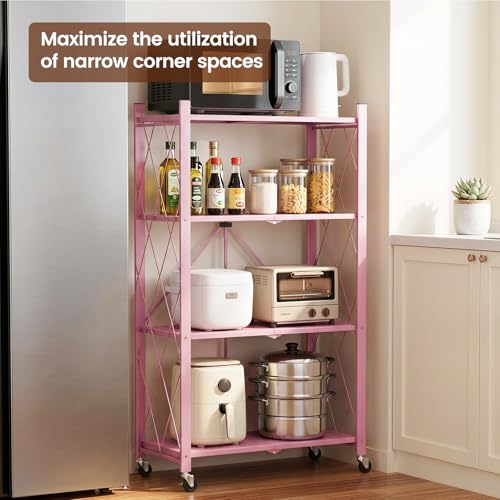 Pink 4-Tier Folding Metal Storage Shelf with Wheels - No Assembly