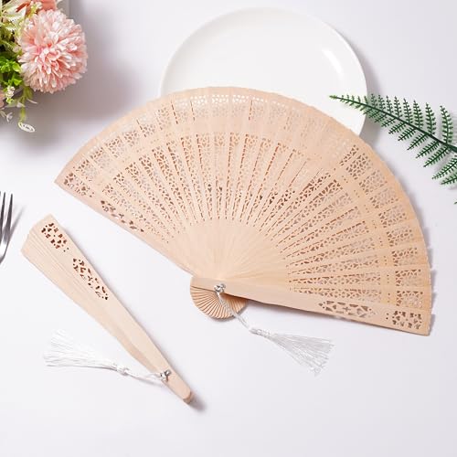Wooden Hand Fan Set with Organza Bags & Tassels - 50 Pieces for Party Favors