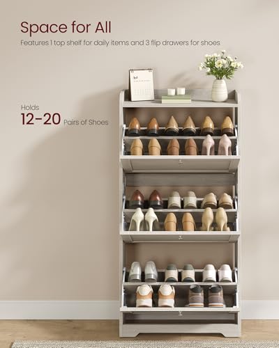 VASAGLE Oatmeal Beige Slim Shoe Storage Cabinet with 3 Flip Drawers, Holds 12-20 Pairs