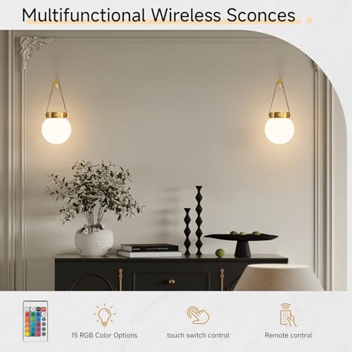 Vokmon Battery-Operated Wall Sconce Set of 2 Modern Milk Glass Globe Lights