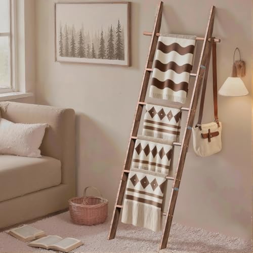 Dark Brown Farmhouse Wooden Blanket Ladder 6-Tier with Removable Hooks