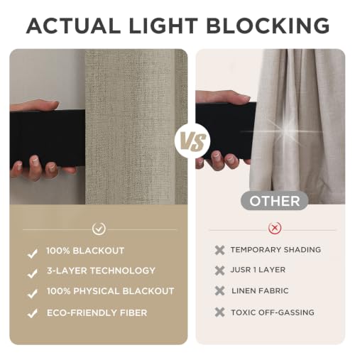 Linen Blackout Curtains for Bedroom & Living Room - Thermal Insulated, 52"W x 96"L, Pack of 2, Rod Pocket & Back Tabs