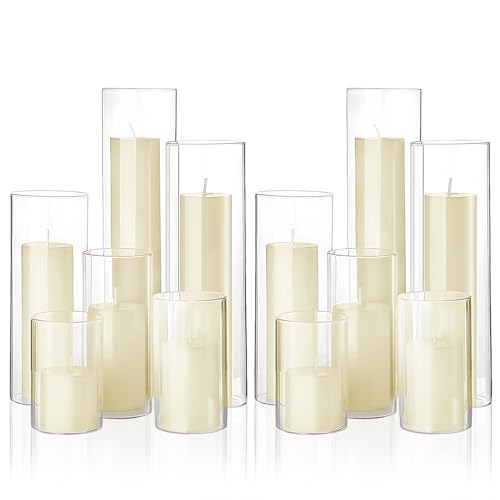 Ivory Glass Cylinder Vase Set with 12 Pillar Candles - 6 Sizes, Romantic Decor