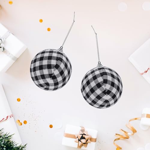 Phedrew 24pcs Buffalo Plaid Christmas Ornaments 2.4" White/Black Hanging Xmas Balls