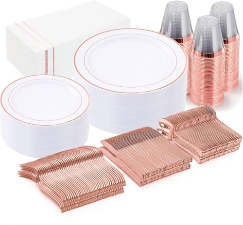 GATHER 50 Guest Rose Gold Disposable Plates & Party Set - White & Rose Gold