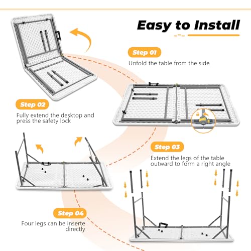 4ft Portable Folding Table - Indoor Outdoor Plastic Dining & Picnic Table with Handle