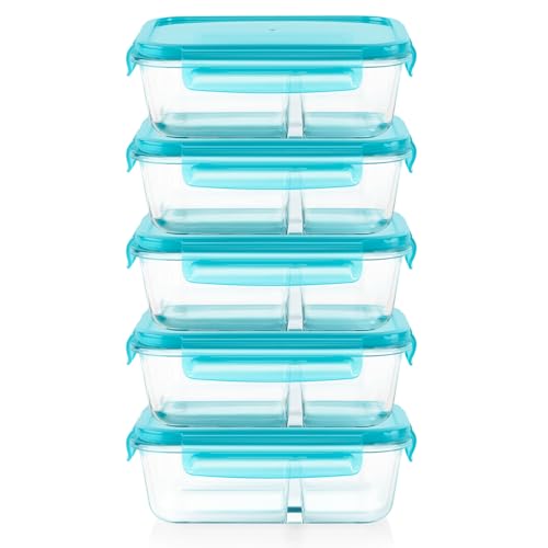 Pyrex Glass Meal Box 4-Cup Divided Containers 5-Pack with Locking Lids - BPA-Free