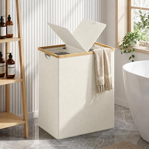 Double Laundry Hamper with Lid and 2 Removable Bags - Beige, 170L Capacity