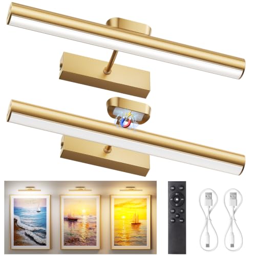 Percantis 13.8-Inch Cordless Gold Picture Light 2 Pack - Adjustable Wall Art Lighting