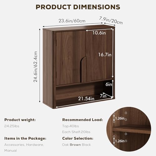 Rustown Wall Mounted Bathroom Cabinet - Dark Walnut with Rounded Edges & Curved Handles