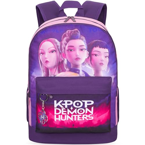 Get Trend KPop Demon Hunters Backpack for Girls - Purple/Pink, 18in Official Bookbag with Adjustable Padded Straps, Lightweight School & Travel Bag