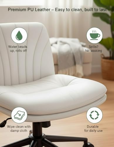 Armless Office Desk Chair with Wheels - PU Leather Wide Swivel Task Chair, Adjustable, Light Beige