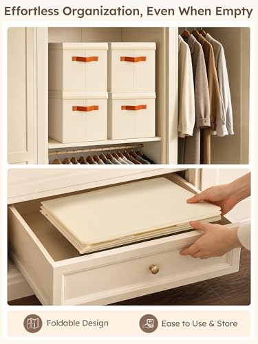 Fabric Storage Bins with Lids - 6 Pack Foldable Stackable Organizers for Home, Nursery, Dorm - Beige