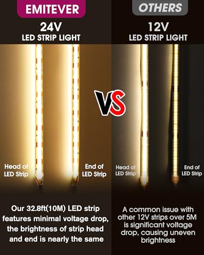 24V COB LED Strip Lights 32.8ft 4800 LEDs 3000K Dimmable Indoor Lighting