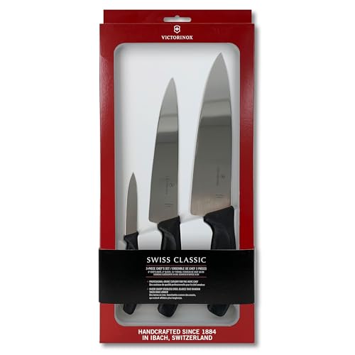 Victorinox Swiss Classic Chef's Knife Set - Ergonomic Kitchen Knives for Meat, Vegetables & Fruit, 3-Piece Black Handle Straight Edge