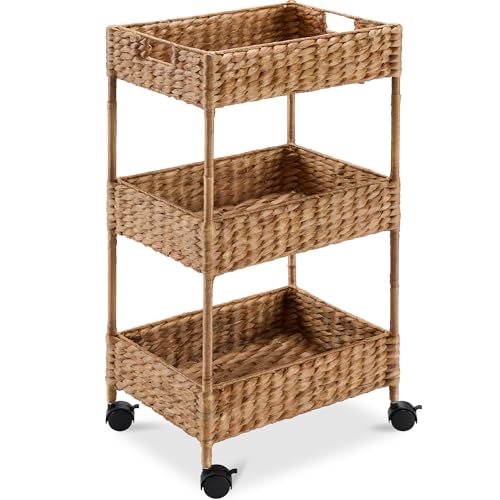 Chestnut Water Hyacinth 3-Tier Rolling Storage Cart with Wheels - Multipurpose Utility Caddy
