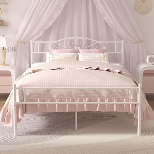 White 14 Inch Full Size Metal Platform Bed Frame with Headboard & Footboard