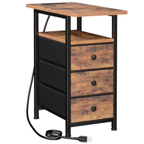 Narrow Side Table with Charging Station - Brown Power Style, Small End Table