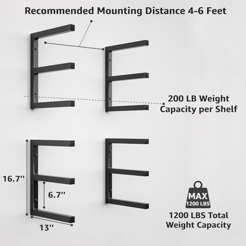 Wall Mount Lumber Storage Rack - Heavy Duty Steel 6-Level Shelves Black - 1200 LBS Capacity