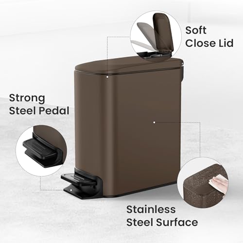 Small Bathroom Trash Can with Lid - 1.6 Gallon, Soft Close, Brown