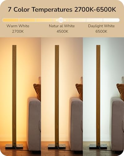 EDISHINE Natural Wooden LED Corner Floor Lamp with Remote, Dimmable & 7 CCT