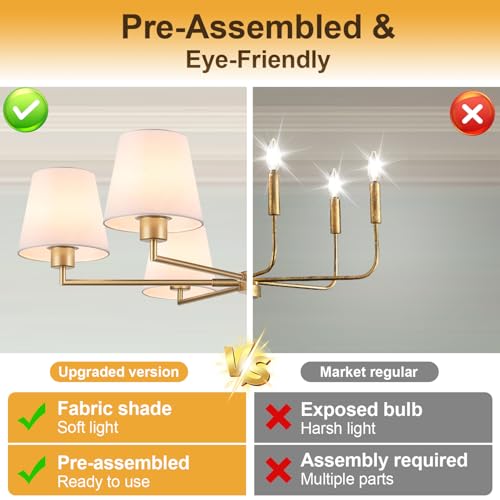 Lynnoland Brushed Gold & White Fabric Shade Chandeliers 36" No Assembly