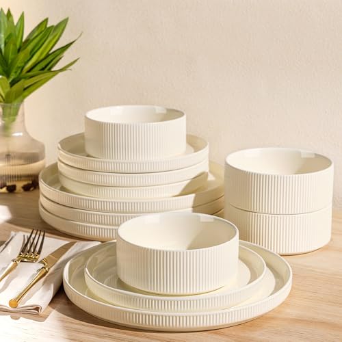 TheTerra 12-Piece Ceramic Dinnerware Set for 4 - Beige, Microwave Safe