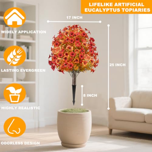 Artificial Fall Mums Topiary Tree Set - 25 Inch Outdoor Faux Greenery with Spike - UV Resistant Garden Decor - Variation of This Listing