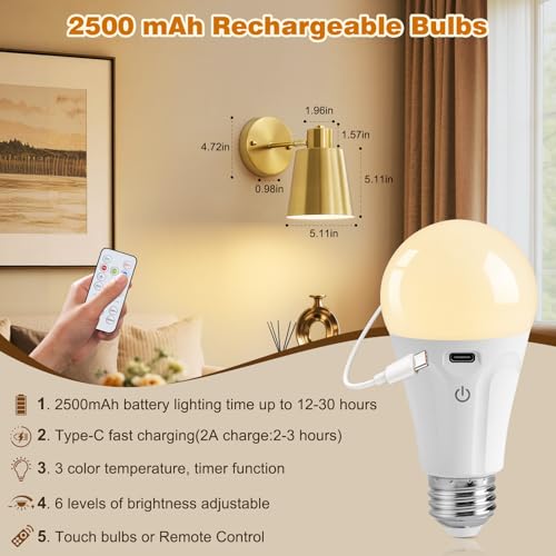 Gold Battery Operated Wall Sconces Set of Two with Remote Dimmable 3-Color Temp