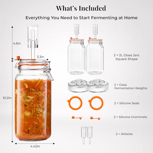 JILLMO 2L Wide Mouth Fermentation Jar Set with Airlocks & Glass Weights - 2 Pack