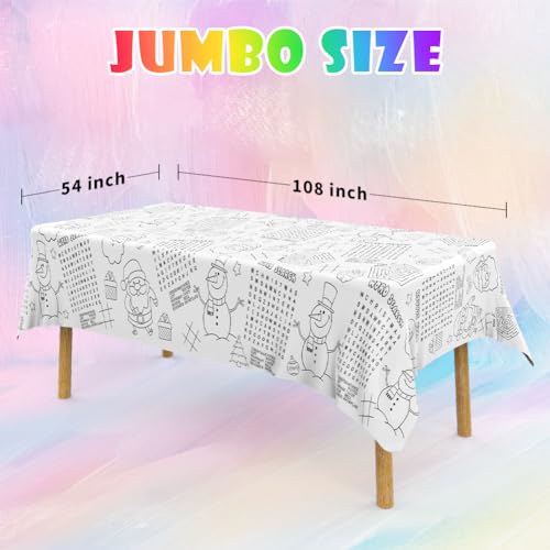 Labeol 1 Pack Christmas Tablecloth, Christmas Coloring Tablecloth for Kids, 54"x108" Giant Santa Claus Snowman Maze Color-in Paper Poster Table Cover for Winter Party Arts and Crafts