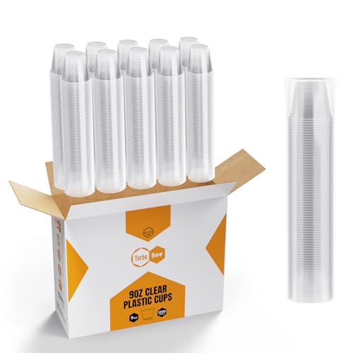 Turbo Bee 9oz Clear Plastic Cups, 1200 Pack, Disposable Drinking Cups