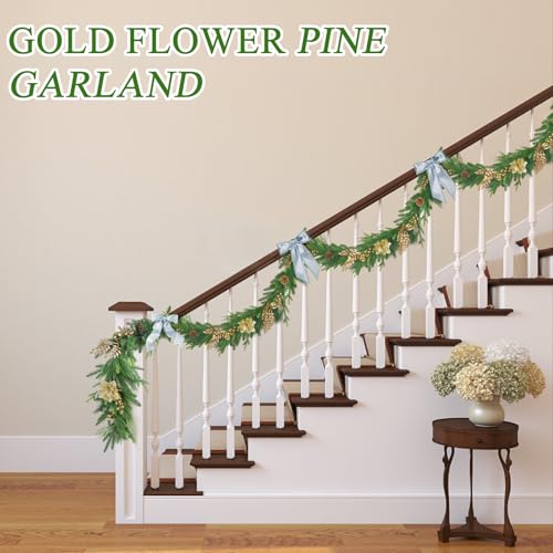 6ft Norfolk Pine Garland with Gold Flowers - Premium Indoor/Outdoor Christmas Greenery