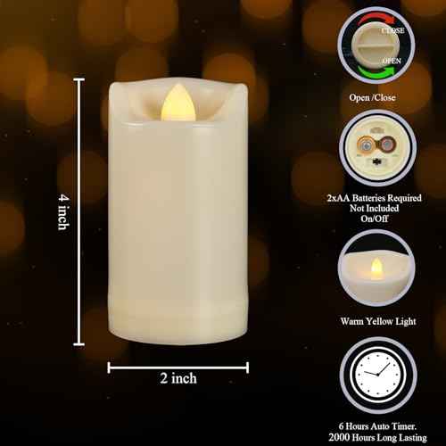 2" X 4" Battery Operated Flameless Candles with Timer, Waterproof Outdoor Flickering LED Pillar Candles for Home, Wedding Decoration, Slim Tall, Ivory Plastic, 2 Pack