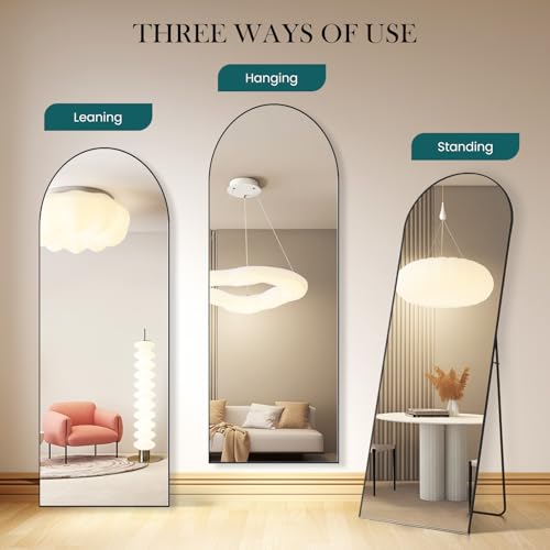 Arched Full Length Floor Mirror 16x59 Inch with Stand - Black