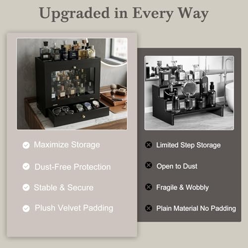 Large Capacity Wooden Cologne Organizer with Dustproof Acrylic Door and Drawer for Men