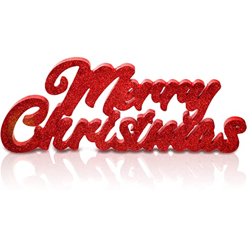 Kathfly Red Glitter Merry Christmas Wood Block Sign Standing Decor