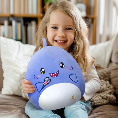 Glow Guards 12'' Shark Plush Pillow Cute Blue Shark Stuffed Animal Holding Microphone Soft Plush Toy Stuffed Animals Birthday Gift for Boys Girls Kids