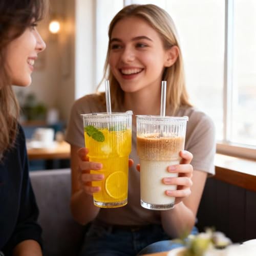 MINGHYZYA 20 OZ Iced Coffee Cup With Glass Lids and Straws,High Borosilicate Glass Tumbler Cup Reusable Wide Mouth Smoothie Cups(Clear,1cup)…