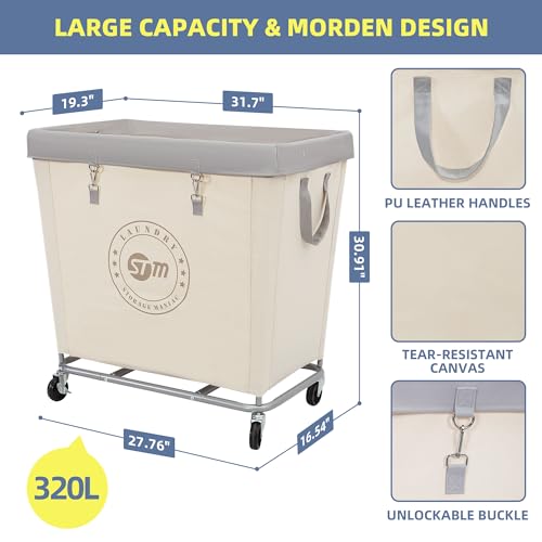 Laundry Hamper with Steel Frame - Large Beige 320L Commercial Storage Cart - Heavy Duty Wheels