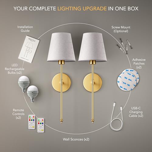 PRIDOLA Gold Wireless Wall Sconce Set of 2 - Rechargeable LED, Remote Control, Adjustable Brightness & Warmth, Easy Mounting